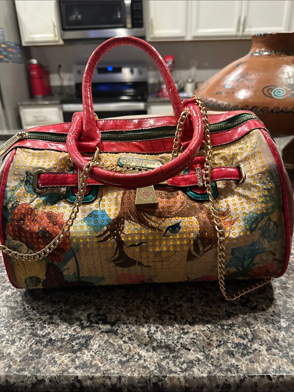Nicole Lee Multicolor Illustrated Dome Satchel with Red Handles
